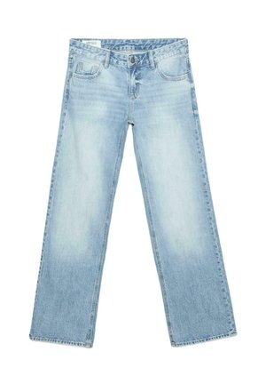 Hellblaue Jeans aus Denim mit geradem Bein, Eingrifftaschen vorne, Gürtelschlaufen und einem Knopfverschluss an der Taille.