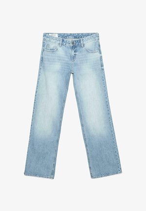 Svetlomodré rifľové nohavice so strihom na rovné nohy, s prednými vreckami, slučkami na opasok a zapínaním na gombík v páse.