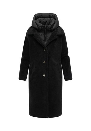 Black coat with a fuzzy exterior, puffer hood, large collar, and front buttons. Features long sleeves and side pockets.