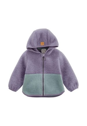 Kinderkapuzenjacke mit lila Oberteil und Ärmeln sowie grünem Unterteil, ausgestattet mit einem vorderen Reißverschluss und einem runden Ziehharmonikazug.