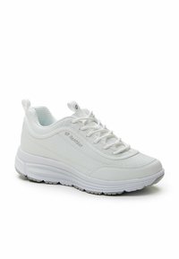 Adidași albi pentru sport, cu un tiv din plasă texturată, guler căptușit și șireturi asortate. Talpă groasă albă cu un călcâi ușor ridicat.