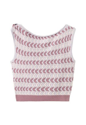 Haut sans manches en maille avec encolure bateau, présentant des rayures ondulées alternées en rose poudré et blanc cassé, et un ourlet côtelé en rose poudré.