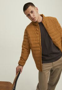 Giacca marrone trapuntata con colletto alto, abbinata a una felpa scura e pantaloni beige. L'individuo tiene una sedia con una mano.