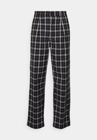 Zwarte en grijze geruite broek met een wijd uitlopende snit, met een geplooide voorkant en een knoopsluiting op de tailleband.