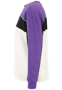 Felpa color block con tessuti viola, neri e crema. Texture liscia con polsini a coste e collo a girocollo. Vista di lato.