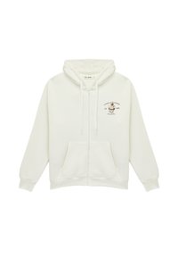 Witte zip-up hoodie met een voorzak, verstelbare trekkoordkap en een bruine grafische print op de linkerborst. Zachte katoenmix.