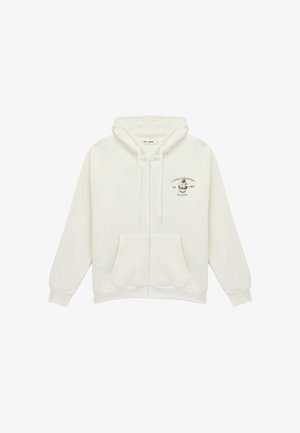 Witte zip-up hoodie met een voorzak, verstelbare trekkoordkap en een bruine grafische print op de linkerborst. Zachte katoenmix.