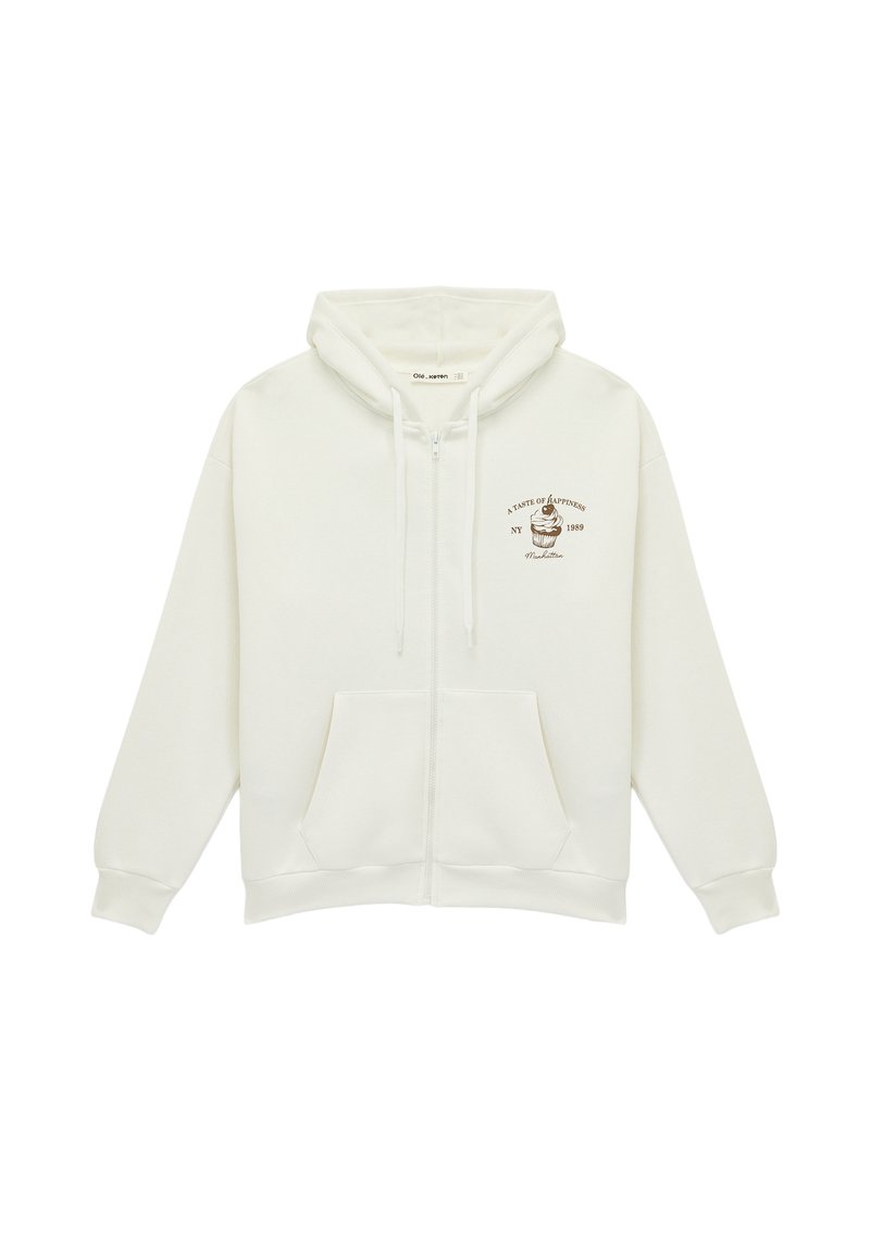 Witte zip-up hoodie met een voorzak, verstelbare trekkoordkap en een bruine grafische print op de linkerborst. Zachte katoenmix.