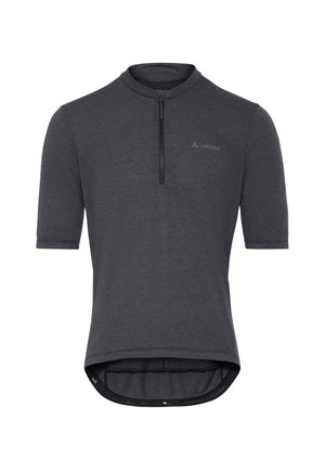 Maglia da ciclismo grigio scuro a maniche corte con cerniera mezza lunghezza sul davanti e orlo posteriore leggermente più lungo, dotata di un piccolo logo Vaude sul petto.