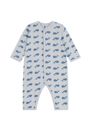 Hellblauer Overall mit Wal-Muster, lange Ärmel, Druckknopfverschluss, aus weichem Baumwollmaterial, mit verstreuten blauen Wal-Prints.