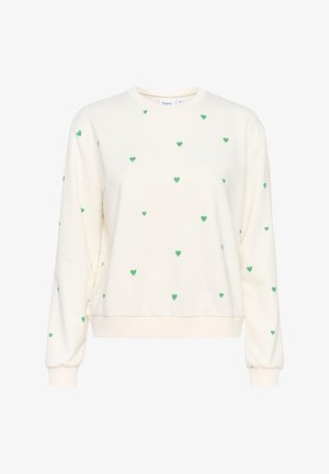 Sudadera crema con estampado de corazones verdes, escote redondo y puños y dobladillo acanalados. Fabricada con material suave para mayor comodidad.