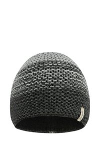 Knitted beanie in gradient shades of gray, featuring a textured pattern and a black lining, with a small brand label on the side.