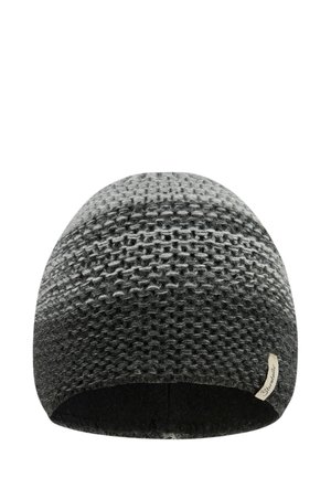 Strickmütze in abgestuften Grautönen, mit einem strukturierten Muster und einem schwarzen Futter, versehen mit einem kleinen Markenetikett an der Seite.