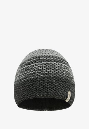 Strickmütze in abgestuften Grautönen, mit einem strukturierten Muster und einem schwarzen Futter, versehen mit einem kleinen Markenetikett an der Seite.