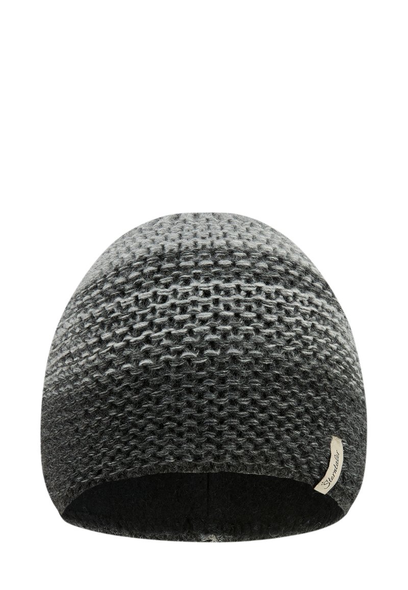 Knitted beanie in gradient shades of gray, featuring a textured pattern and a black lining, with a small brand label on the side.