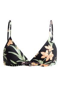 Svart bikinitopp med triangulära kupor, prydd med ett blommönster i orange och grönt. Tunna justerbara band och spänne bak.
