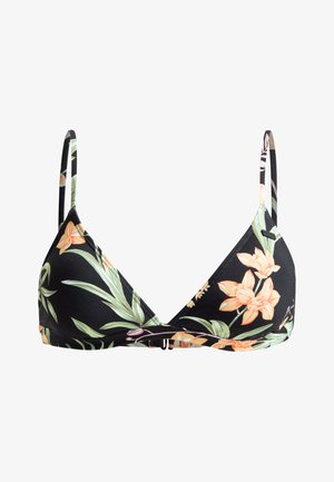 Black bikini top with triangular cups, featuring a floral pattern in orange and green. Thin adjustable straps and clasp at the back.