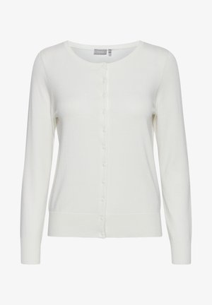 Biely kardigán s dlhými rukávmi, okrúhlym výstrihom a zapínaním na gombíky. Má jemnú textúru a rebrované manžety a lem.