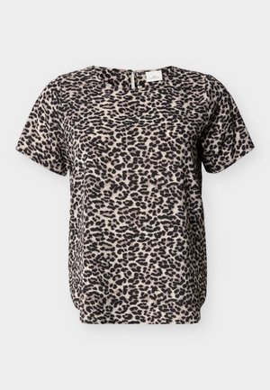 Μπλούζα με κοντά μανίκια σε λάιμ εκτύπωση leopard σε μπεζ και μαύρο. Στρογγυλή λαιμόκοψη με λεπτομέρεια ανοίγματος στην πλάτη. Απαλή υφή υφάσματος. Χαλαρή εφαρμογή.