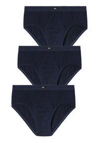 Navy blue cotton brief underwear set with a soft waistband, featuring a ribbed texture. Three pairs stacked with a logo tag visible.