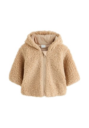 Beige Kapuzenjacke in Kleinkindgröße mit weichem, strukturiertem Fleece außen und Frontreißverschluss, freigestellt auf weißem Hintergrund.