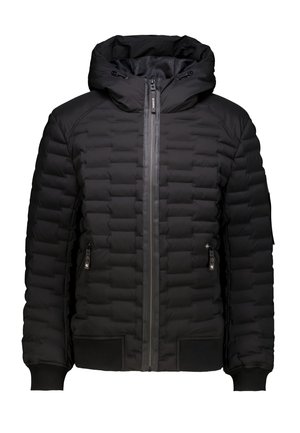Schwarze Pufferjacke mit einem Reißverschluss auf der Vorderseite, Kapuze und gerippten Bündchen. Verfügt über eine gesteppten Textur und zwei seitliche Reißverschlusstaschen.