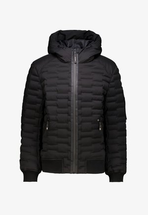Schwarze Pufferjacke mit einem Reißverschluss auf der Vorderseite, Kapuze und gerippten Bündchen. Verfügt über eine gesteppten Textur und zwei seitliche Reißverschlusstaschen.