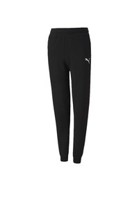 Schwarze Sporthose aus weichem Material, mit einem elastischen Bund und gerippten Beinabschlüssen, mit einem weißen Puma-Logo auf dem linken Oberschenkel.