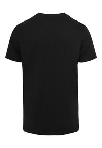 Black cotton t-shirt, short sleeves, classic crew neck design, smooth texture, and no visible logos or patterns on the back.