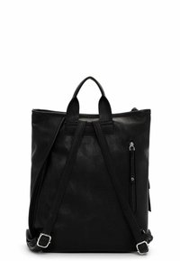 Schwarzer Leder-Rucksack mit verstellbaren Trägern, Reißverschlusstasche an der Seite und zwei oberen Griffen. Glatte Textur und modernes rechteckiges Design.