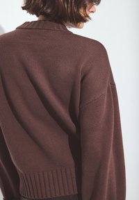 Rjav pleten pulover z rebrastim robom in ovratnikom, ki se ponaša s sproščenim krojem in vidno teksturo tkanine.