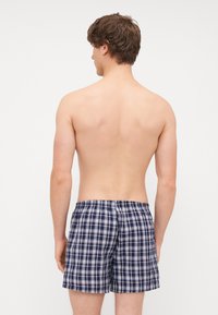 Calções de banho em padrão xadrez azul-marinho e branco, feitos de um tecido leve, com uma cintura elástica, exibidos de trás sobre um torso nu.