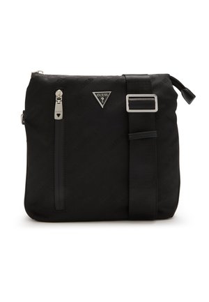 Sac bandoulière noir en nylon avec sangle ajustable, poche avant zippée et quincaillerie en argent. Présente un motif de logo embossé sur le matériau.