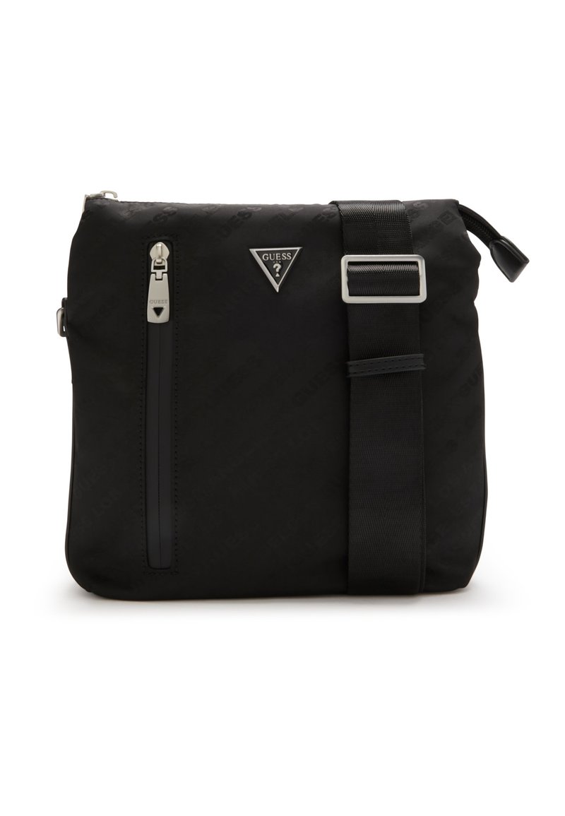 Zwarte nylon schoudertas met verstelbare schouderriem, ritsvak aan de voorkant en zilverkleurige hardware. Bevat een reliëf logo patroon op het materiaal.