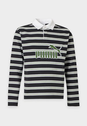 Koszulka rugby z długim rękawem w czarno-białe paski z białym kołnierzem i zielonym logo Puma na piersi.