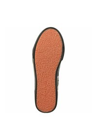 Black rubber shoe sole with a textured orange bottom, featuring a rounded shape and subtle tread pattern for grip.