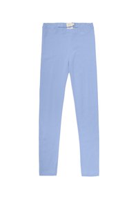 Ljusblå leggings gjorda av mjukt, stretchigt material med resårmidja. Enkelt design, som sitter tätt mot benen. Inga mönster eller dekorationer.