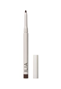 Ilia lip liner in un tubetto beige con punta marrone. Presenta un meccanismo a torsione; il tappo è bianco e si adatta in modo sicuro. Design minimalista con marchio.