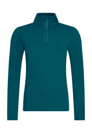 Teal lange mouw pullover met een halve rits kraag. Gemaakt van zacht materiaal, met subtiele branding nabij de kraag. Gladde, egale textuur.