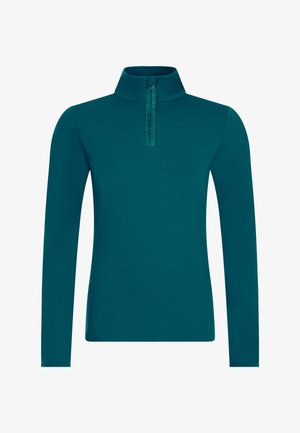 Tirkizna dugih rukava s puloverom i zatvaranjem na pola munje. Napravljen od mekog materijala, s diskretnim brendiranjem blizu ovratnika. Glatka, ujednačena tekstura.