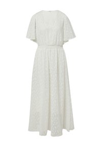 Abito midi bianco con scollatura a V, maniche a farfalla, vita elastica e un motivo testurizzato che ricorda foglie o petali.
