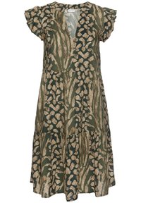 Groene jurk met een V-hals, korte volants mouwen en een gelaagde zoom. Voorzien van een panterprint in beige en donkerdere groentinten. Lichtgewicht stof.