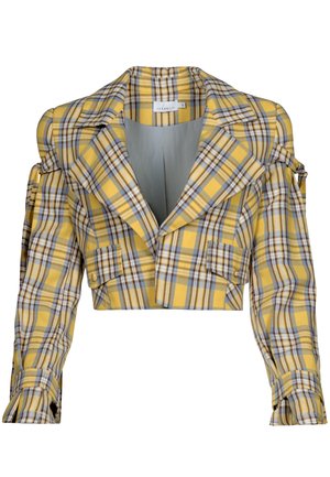 Cropped blazer in yellow plaid fabric with gray and brown accents. Features a wide collar and two front pockets, with gathered sleeves.