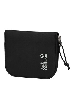 Zwarte stoffen portemonnee met ritssluiting, voorzien van het Jack Wolfskin-logo en pootafdruk, met een trekkoordje aan de ritstrekker.