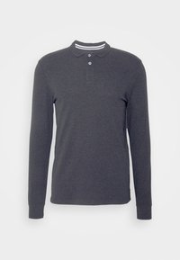 Polo a maniche lunghe grigio scuro, in cotone, colletto classico con due bottoni, caratterizzato da un accento a righe sul colletto.
