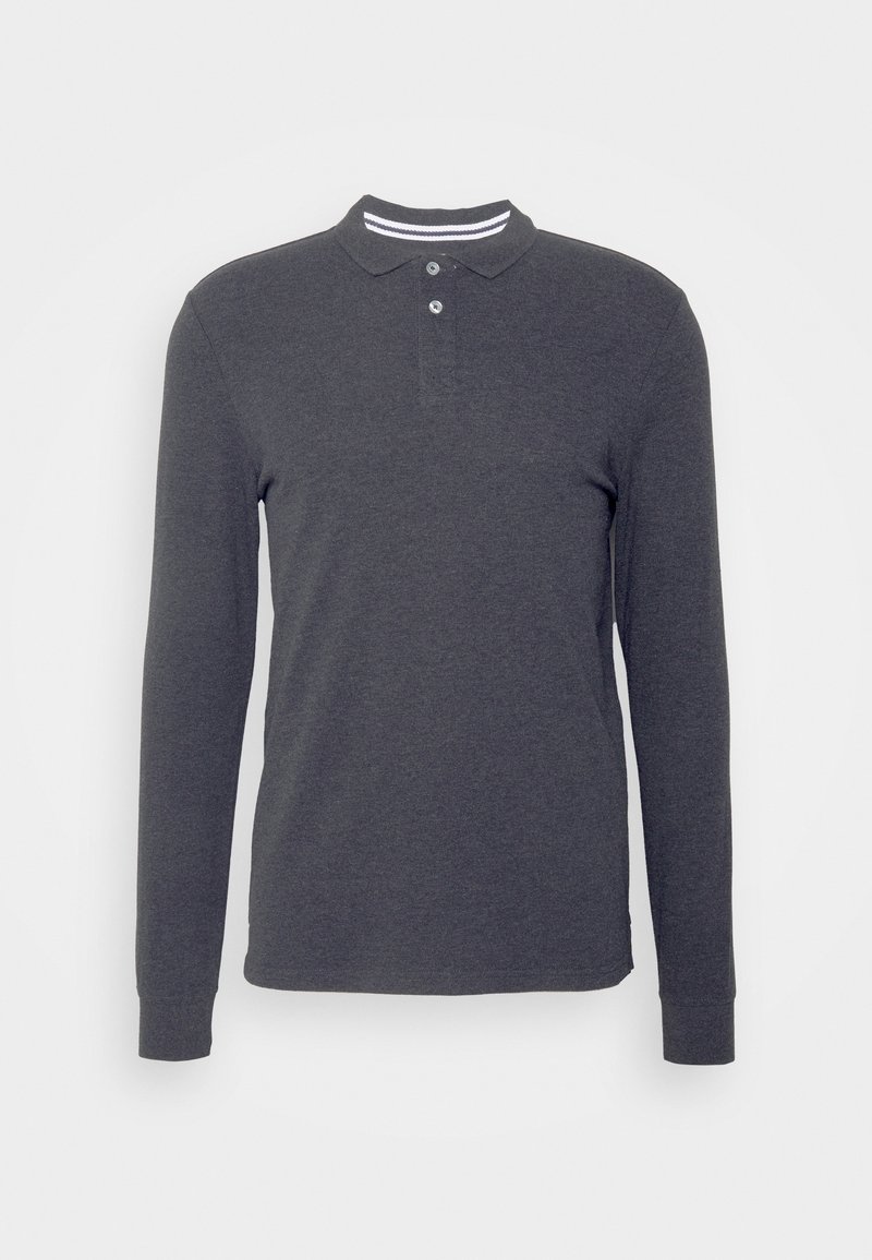 Polo a maniche lunghe grigio scuro, in cotone, colletto classico con due bottoni, caratterizzato da un accento a righe sul colletto.