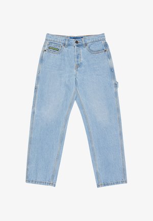Svetlomodré džínsy s vysokým pásom a priamym strihom nohavíc, s prednými vreckami, nášivkou s logom a viditeľnými detailmi prešívania.