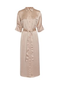 Beige Satinhemdkleid mit Kragen, kurzen Ärmeln, zwei Brusttaschen, einem Gürtel in der Taille und einer durchgehenden Knopfleiste, mit einem knielangen Design.