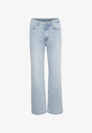 Lichtblauwe high-waist denim jeans met wijde pijpen, voorzijde met knoop- en ritssluiting, en vijf zakken.