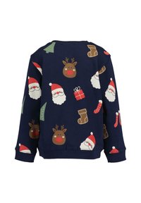 Námořnická modrá mikina s vánočními motivy Santa Clause, sobů, vánočních stromků, punčoch a dárků v různých barvách.